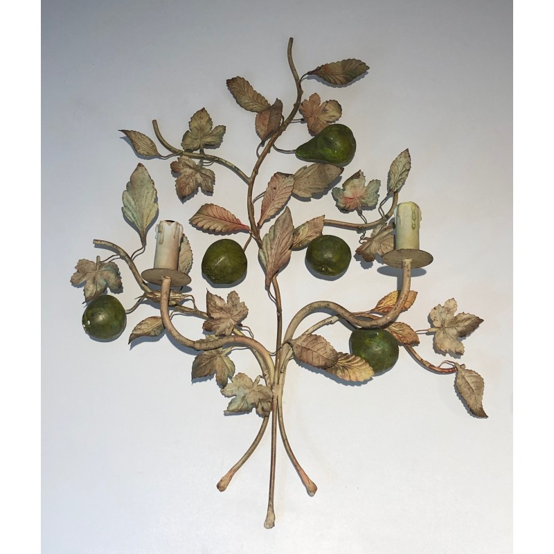 Important Pair of Decorative Painted Metal Pears and Lemons Wall Lights, French Work, Circa 1970