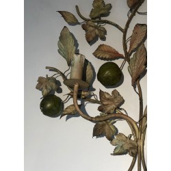 Important Pair of Decorative Painted Metal Pears and Lemons Wall Lights, French Work, Circa 1970
