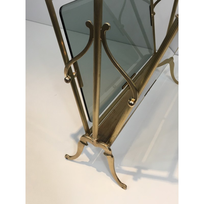 Neoclassical Brass and Blue Glass Magazine Rack by Maison Jansen, French Work, Circa 1940