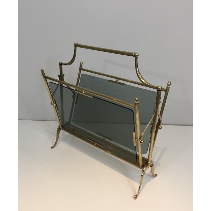 Neoclassical Brass and Blue Glass Magazine Rack by Maison Jansen, French Work, Circa 1940