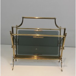 Porte-Revues Néoclassique en Laiton et Verres Bleutés de la Maison Jansen, Travail Français, Vers 1940