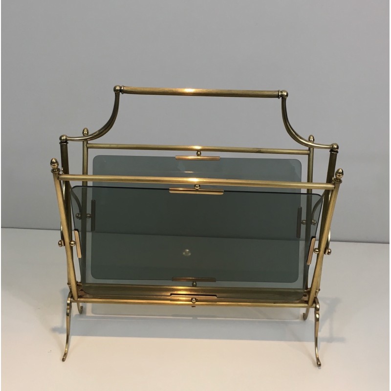 Porte-Revues Néoclassique en Laiton et Verres Bleutés de la Maison Jansen, Travail Français, Vers 1940