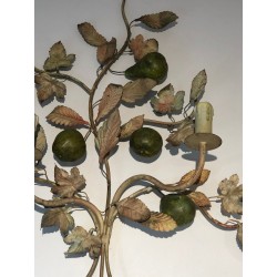 Important Pair of Decorative Painted Metal Pears and Lemons Wall Lights, French Work, Circa 1970