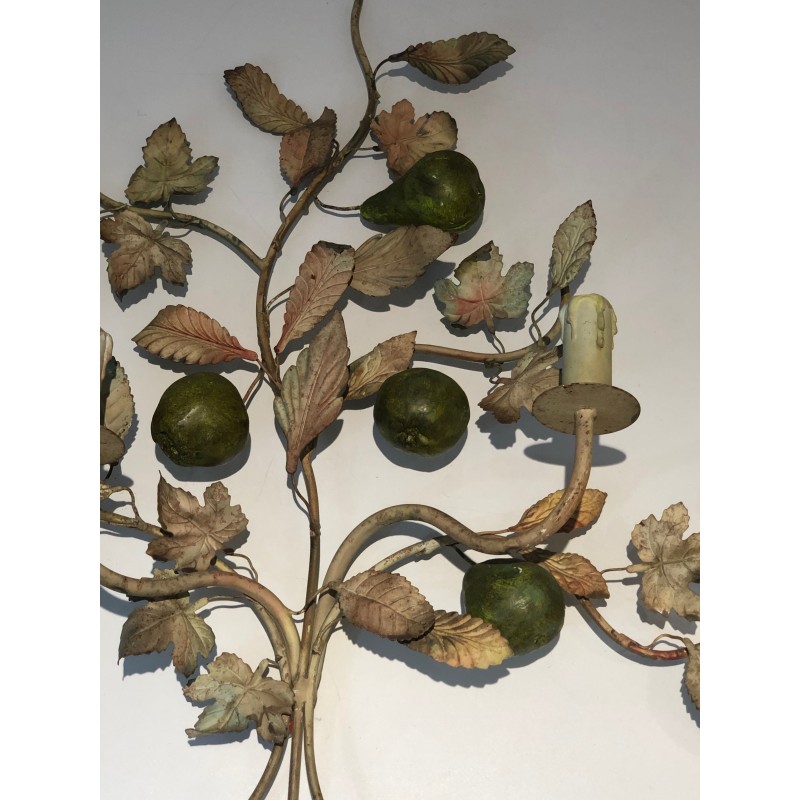 Important Pair of Decorative Painted Metal Pears and Lemons Wall Lights, French Work, Circa 1970