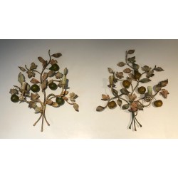 Important Pair of Decorative Painted Metal Pears and Lemons Wall Lights, French Work, Circa 1970