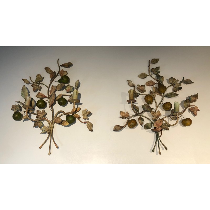 Important Pair of Decorative Painted Metal Pears and Lemons Wall Lights, French Work, Circa 1970