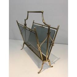 Porte-Revues Néoclassique en Laiton et Verres Bleutés de la Maison Jansen, Travail Français, Vers 1940