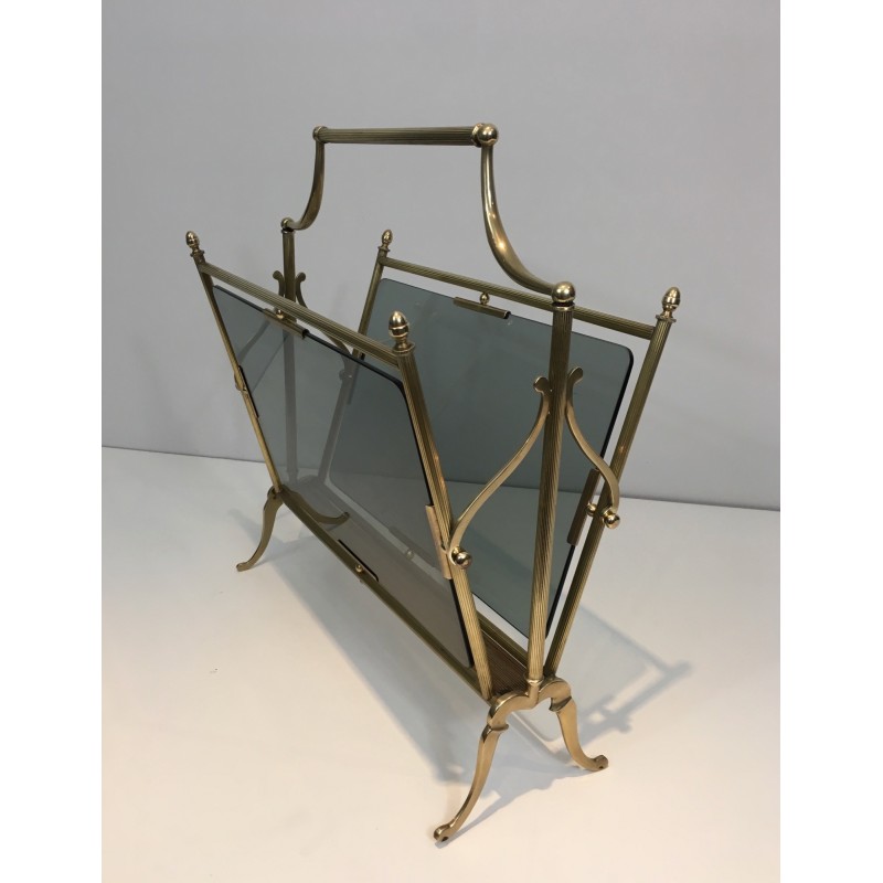 Porte-Revues Néoclassique en Laiton et Verres Bleutés de la Maison Jansen, Travail Français, Vers 1940