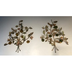 Important Pair of Decorative Painted Metal Pears and Lemons Wall Lights, French Work, Circa 1970