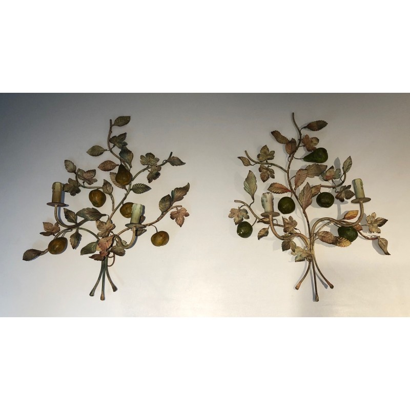 Important Pair of Decorative Painted Metal Pears and Lemons Wall Lights, French Work, Circa 1970
