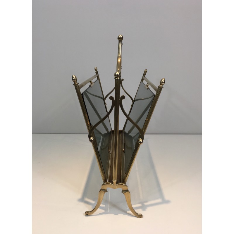 Neoclassical Brass and Blue Glass Magazine Rack by Maison Jansen, French Work, Circa 1940