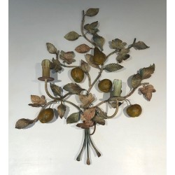 Important Pair of Decorative Painted Metal Pears and Lemons Wall Lights, French Work, Circa 1970