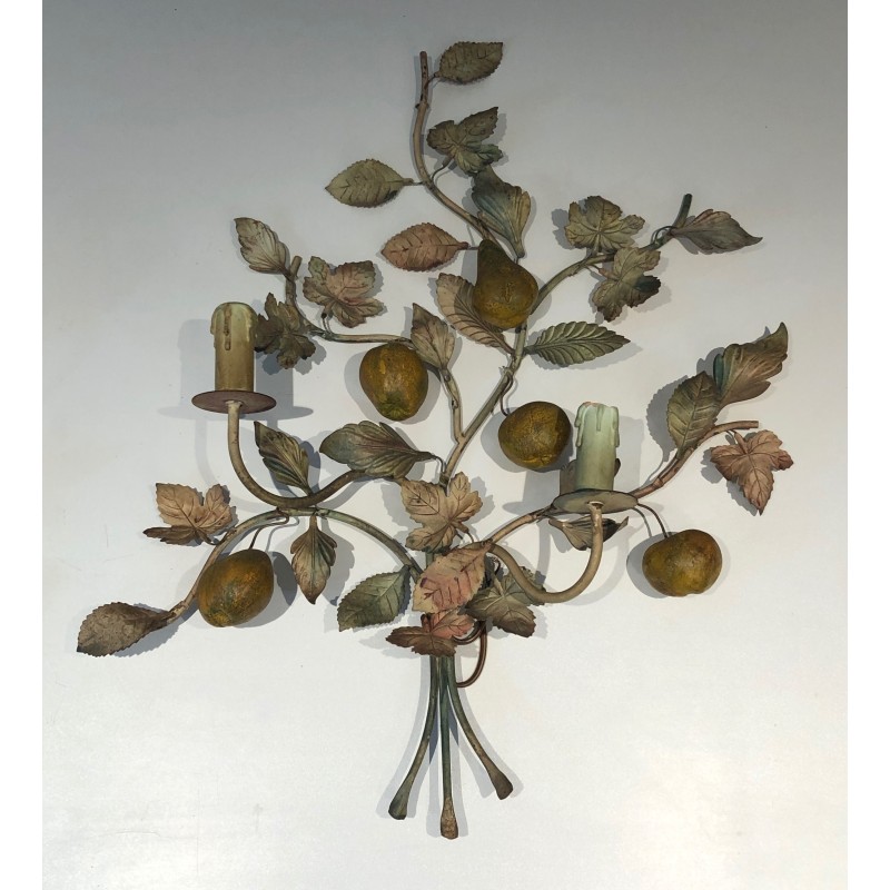 Important Pair of Decorative Painted Metal Pears and Lemons Wall Lights, French Work, Circa 1970
