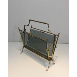 Neoclassical Brass and Blue Glass Magazine Rack by Maison Jansen, French Work, Circa 1940