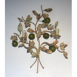 Important Pair of Decorative Painted Metal Pears and Lemons Wall Lights, French Work, Circa 1970