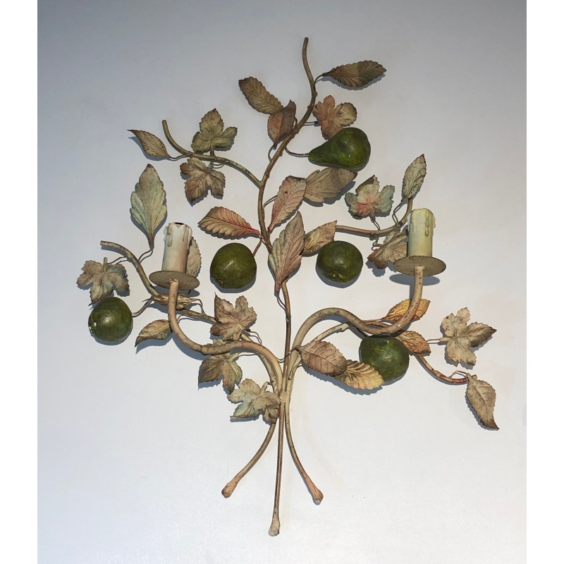 Important Pair of Decorative Painted Metal Pears and Lemons Wall Lights, French Work, Circa 1970