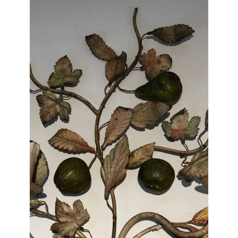 Important Pair of Decorative Painted Metal Pears and Lemons Wall Lights, French Work, Circa 1970