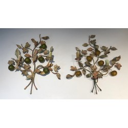 Important Pair of Decorative Painted Metal Pears and Lemons Wall Lights, French Work, Circa 1970