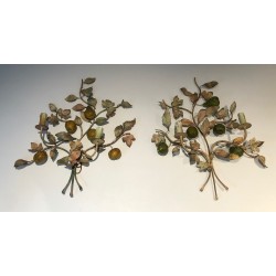 Important Pair of Decorative Painted Metal Pears and Lemons Wall Lights, French Work, Circa 1970