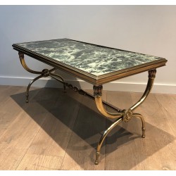 Table Basse Néoclassique en Laiton et Marbre Vert par Raymond Subes, Travail Français, Vers 1940