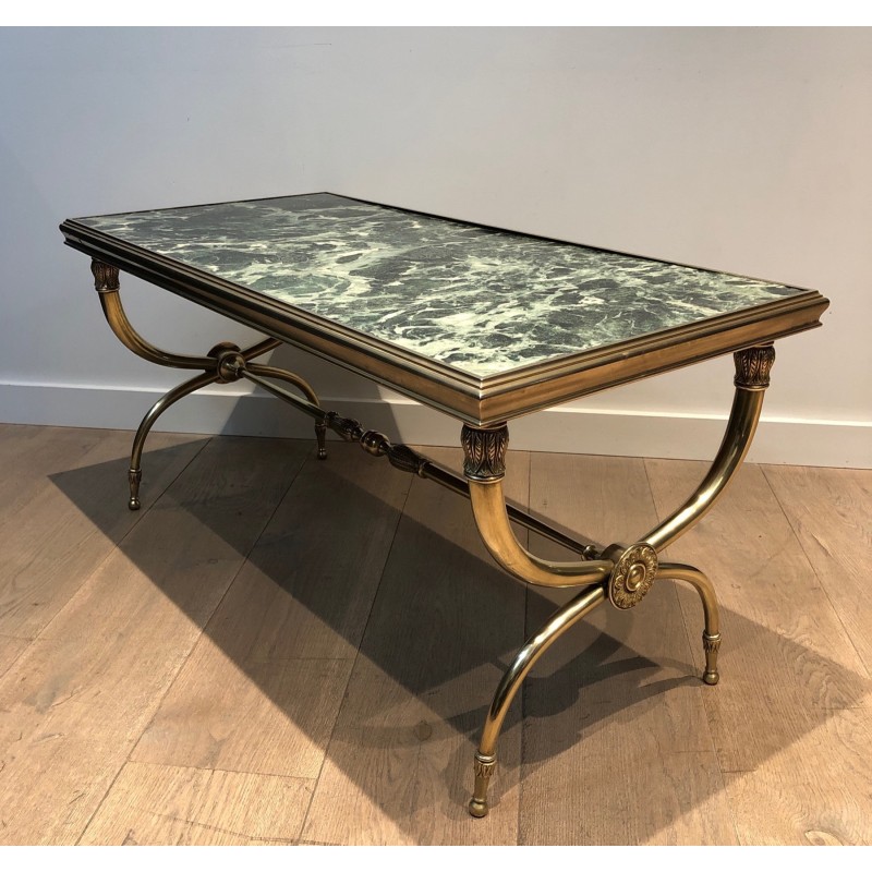 Table Basse Néoclassique en Laiton et Marbre Vert par Raymond Subes, Travail Français, Vers 1940