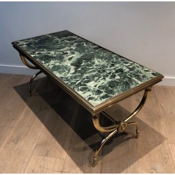 Table Basse Néoclassique en Laiton et Marbre Vert par Raymond Subes, Travail Français, Vers 1940
