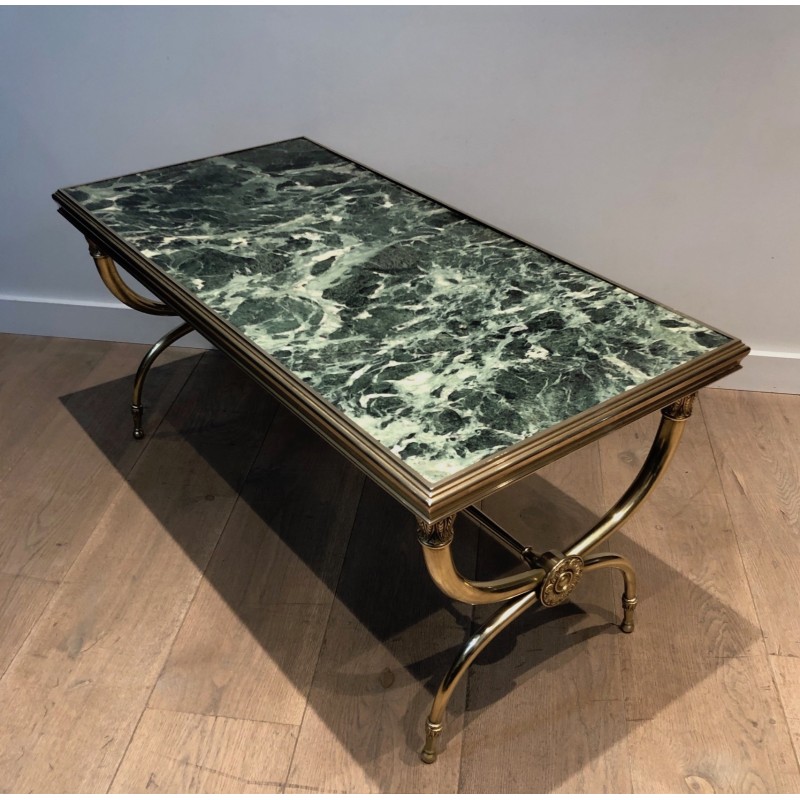 Table Basse Néoclassique en Laiton et Marbre Vert par Raymond Subes, Travail Français, Vers 1940