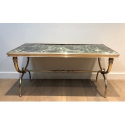 Neoclassical Brass and Green Marble Coffee Table by Raymond Subes, French Work, Circa 1940