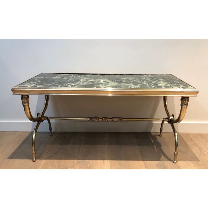 Table Basse Néoclassique en Laiton et Marbre Vert par Raymond Subes, Travail Français, Vers 1940