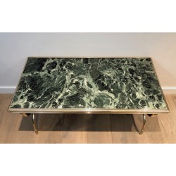 Table Basse Néoclassique en Laiton et Marbre Vert par Raymond Subes, Travail Français, Vers 1940