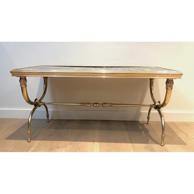 Table Basse Néoclassique en Laiton et Marbre Vert par Raymond Subes, Travail Français, Vers 1940