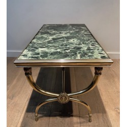 Table Basse Néoclassique en Laiton et Marbre Vert par Raymond Subes, Travail Français, Vers 1940