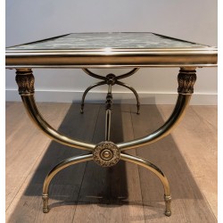 Table Basse Néoclassique en Laiton et Marbre Vert par Raymond Subes, Travail Français, Vers 1940