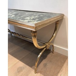 Table Basse Néoclassique en Laiton et Marbre Vert par Raymond Subes, Travail Français, Vers 1940