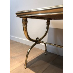 Table Basse Néoclassique en Laiton et Marbre Vert par Raymond Subes, Travail Français, Vers 1940