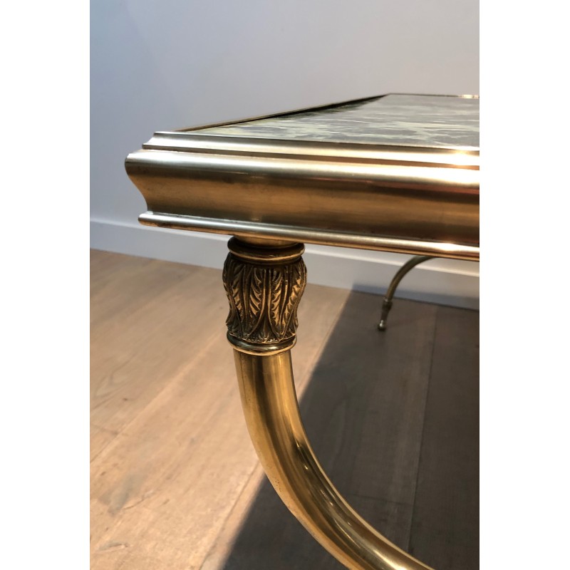 Table Basse Néoclassique en Laiton et Marbre Vert par Raymond Subes, Travail Français, Vers 1940