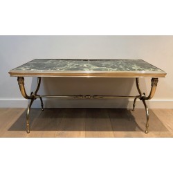 Table Basse Néoclassique en Laiton et Marbre Vert par Raymond Subes, Travail Français, Vers 1940
