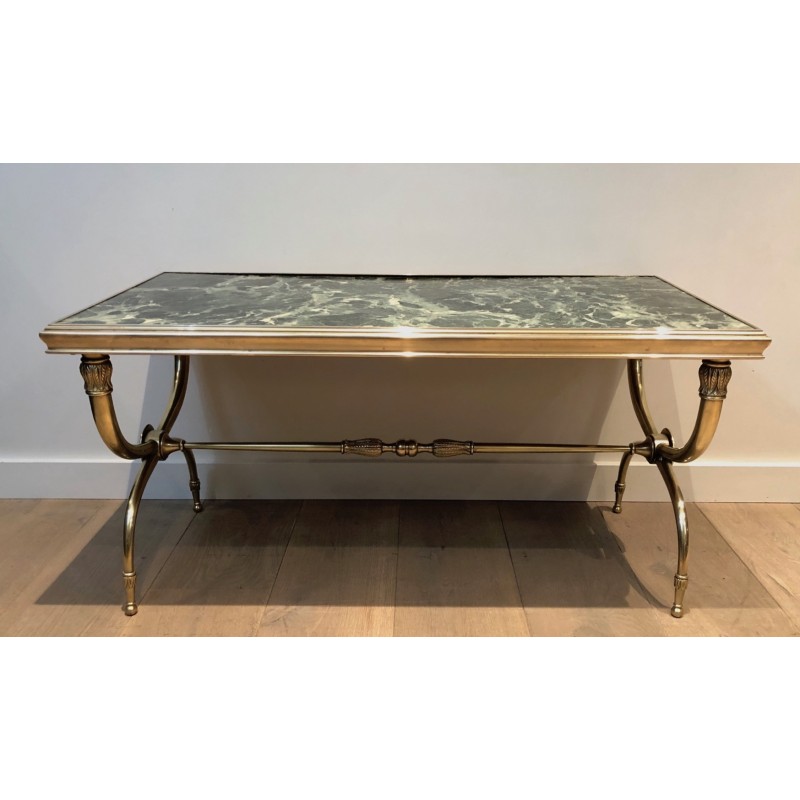 Neoclassical Brass and Green Marble Coffee Table by Raymond Subes, French Work, Circa 1940