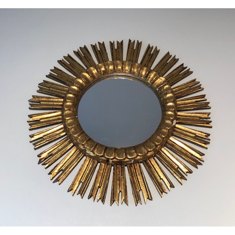 Miroir Soleil en Bois Doré, Travail Français, Vers 1970