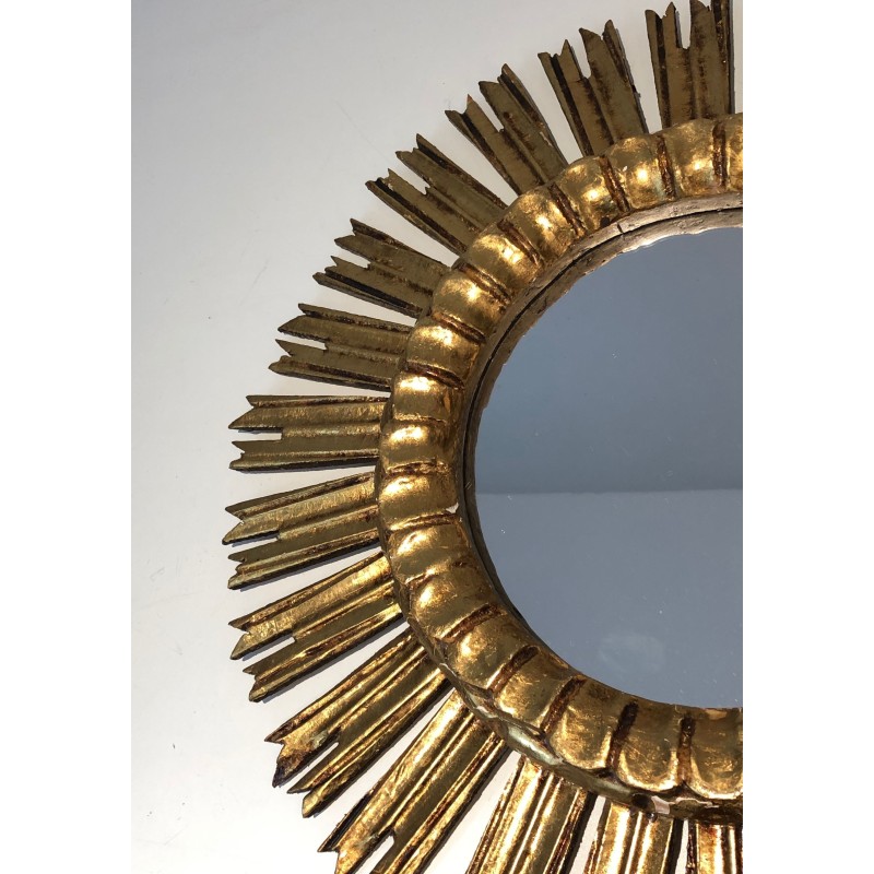 Miroir Soleil en Bois Doré, Travail Français, Vers 1970