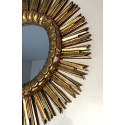 Miroir Soleil en Bois Doré, Travail Français, Vers 1970