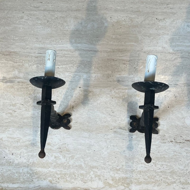 Pair of Gothic Style Wrought Iron Wall Lights