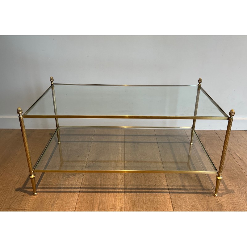 Neoclassical Bronze and Brass Coffee Table with Glass Shelves, Maison Baguès, Circa 1940
