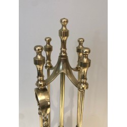 Neoclassical Brass Fireplace Tool Set, French Work, Circa 1970