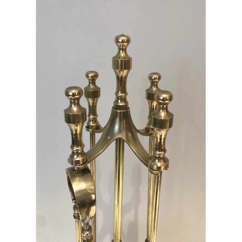 Neoclassical Brass Fireplace Tool Set, French Work, Circa 1970