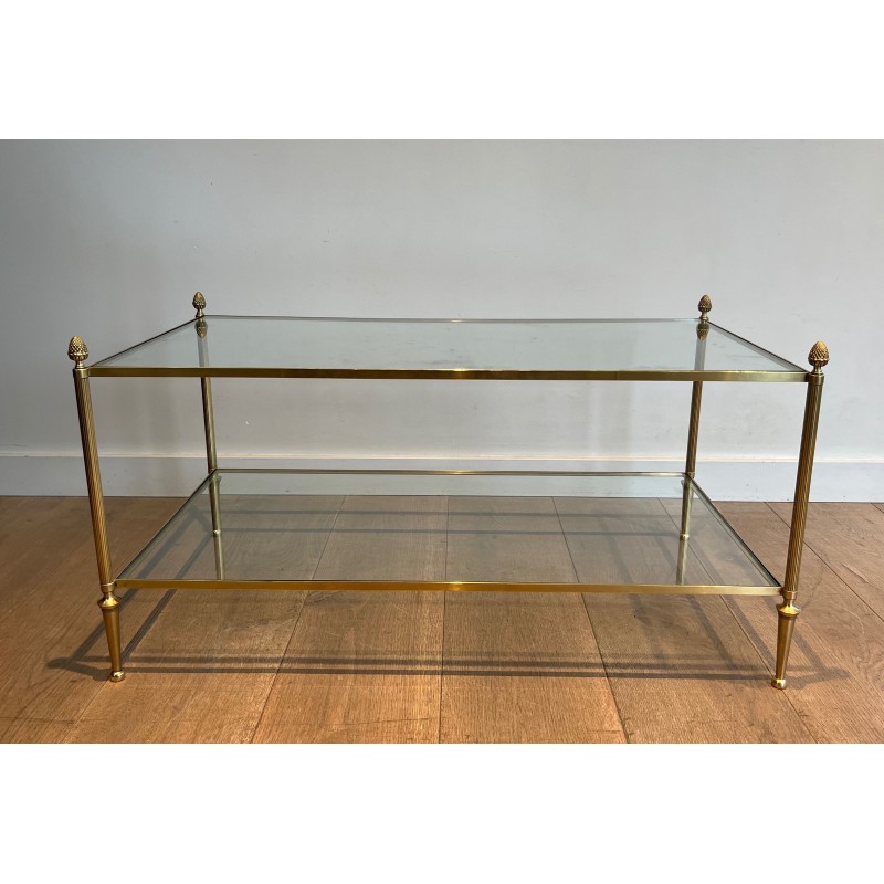 Neoclassical Bronze and Brass Coffee Table with Glass Shelves, Maison Baguès, Circa 1940