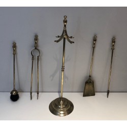 Neoclassical Brass Fireplace Tool Set, French Work, Circa 1970