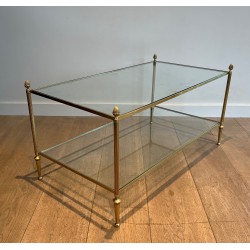 Neoclassical Bronze and Brass Coffee Table with Glass Shelves, Maison Baguès, Circa 1940