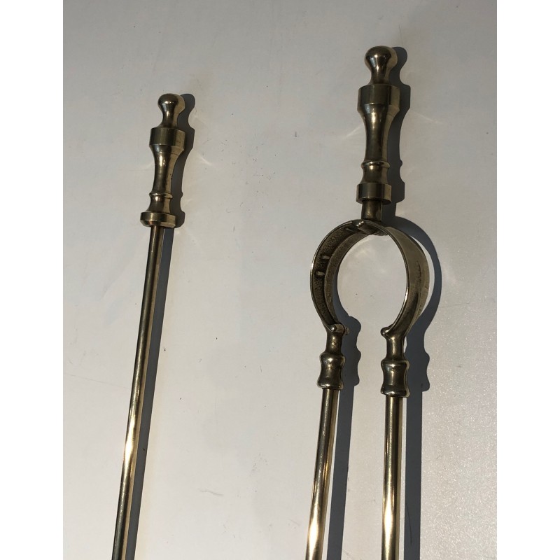 Neoclassical Brass Fireplace Tool Set, French Work, Circa 1970