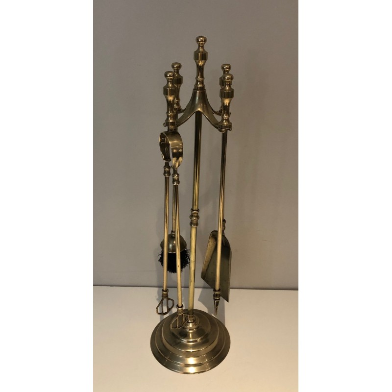 Neoclassical Brass Fireplace Tool Set, French Work, Circa 1970